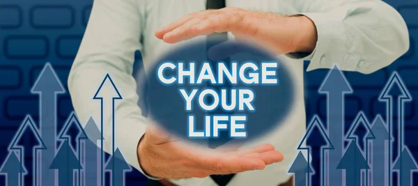 Sign Exibindo Change Your Life Word Escrito Conselhos Inspiradores Para — Fotografia de Stock
