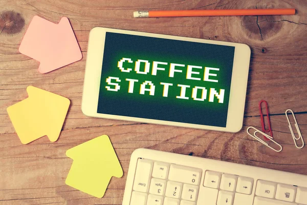 Texto Que Mostra Inspiração Coffee Station Conceito Que Significa Pequeno — Fotografia de Stock