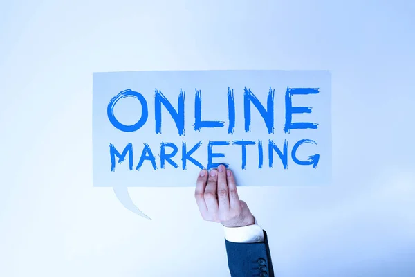 Sinal Escrita Mão Marketing Online Prática Abordagem Negócios Alavancar Canais — Fotografia de Stock
