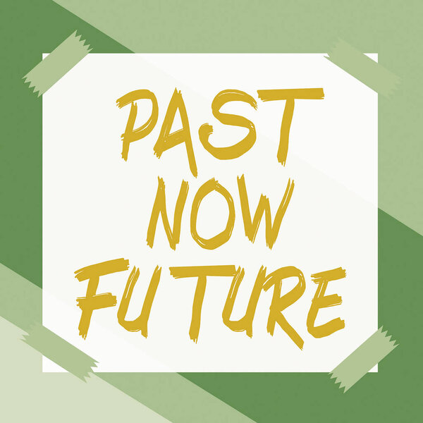 Sign displaying Past Now Future, Business overview Last time Present Following actions Destiny Memories