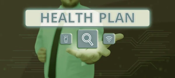 健康計画を提示するテキストキャプション 高コスト医療サービスをカバーする保険の事業概要タイプ — ストック写真