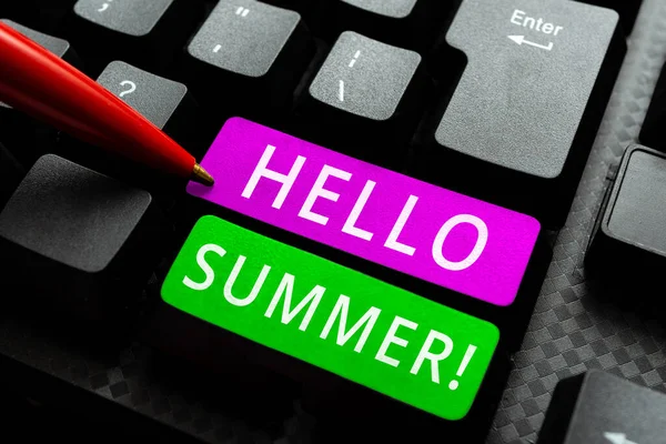 Yılın Sıcak Mevsiminde Kullanılan Selamlama Üzerine Merhaba Summer Word Yazan — Stok fotoğraf