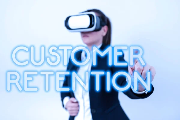 Writing displaying text Customer Retention, Business showcase activities companies take to reduce user defections Woman Wearing Vr Glasses And Pointing On Important Message With One Finger.