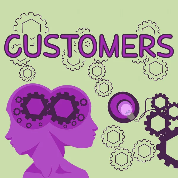 Sign displaying Customers, Concept meaning individual or organization purchasing products or services Two Heads With Cogs Showing Technology Ideas.