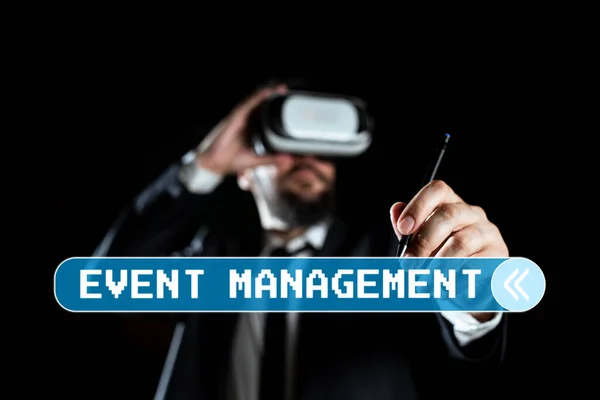 Conceptual display Event Management, Business idea everything that happens is part of a bigger picture Man Wearing Virtual Reality Simulator Holding Pen During Training.
