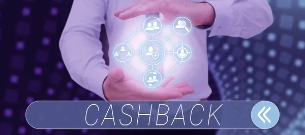 Yazısı Cashback Bazı Ürünlerin Alıcılarına Dijital Nsan Sol Sembol Gösterme — Stok fotoğraf