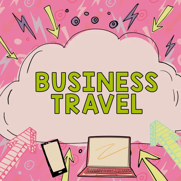 新しい情報を追加したり デザインを変更したりする行為の概要ビジネス旅行 ビジネス概要を表示するサイン新しいアイデアは ラップトップ 携帯電話 矢印の上にクラウドで書かれています — ストック写真
