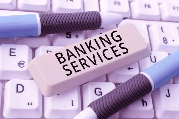 Bildunterschrift Banking Services Word Products Werden Gruppen Namens Chargen Hergestellt — Stockfoto
