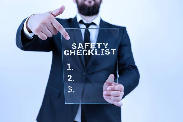 Text sign showing Safety Checklist, Word for investigate particular interactions among Web searchers