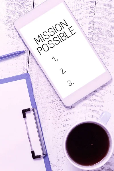 Bildunterschrift Mission Possible Geschäftsübersicht Werbemaßnahmen Für Die Lieferung Mobiltelefone — Stockfoto