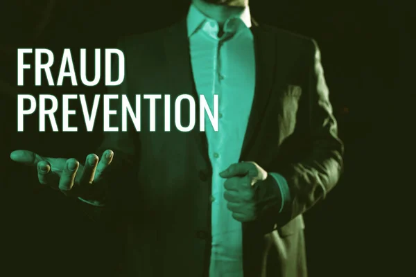 Conceptual display Fraud Prevention, Business showcase one employed by another usually for wages or salary Businessman Holding And Presenting Important Informations On Hand.