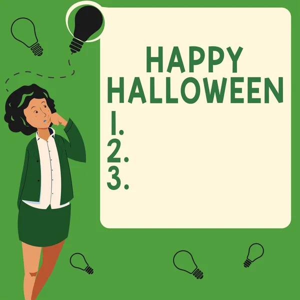 Inspiration showing sign Happy Halloween, Business approach a day related with scary aspect, haunted house, and a candy Businesswoman Standing Beside Board Presentation Thinking New Ideas