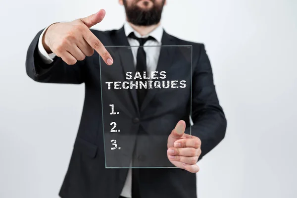 Text caption presenting Sales Techniques, Business overview looking for an electronic form of educational material