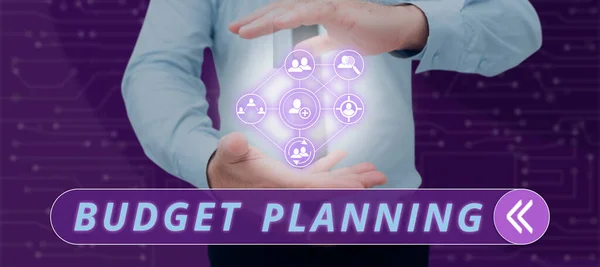 Sign displaying Budget Planning, Business concept purchasing process that businesses lead their customers Man With Digital Human S And Swipe Left Symbol Showing Data Exchange.