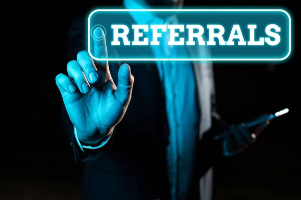Text Sign Showing Referrals Business Overview Conditions Form Setting Which — Stock Photo, Image