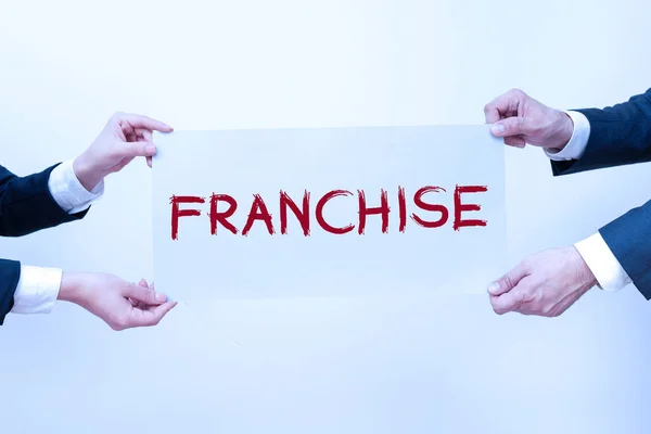 Handwriting text Franchise, Business showcase give practical effect to specific steps to ensure real attainment Business Team Holding Important Information On Speech Bubble On Both Sides.