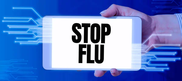 Text sign showing Stop Flu, Business concept a process of inputting and storing data previously acquired Businessman Pointing Important Infortmations With One Finger.