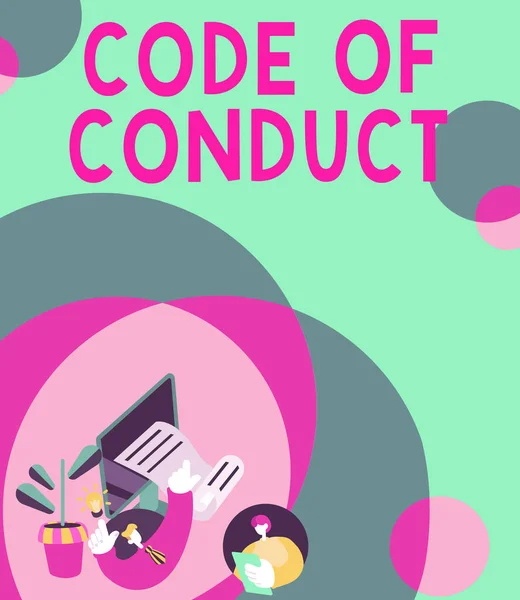 Conceptual caption Code Of Conduct, Internet Concept set of principles are ethics, respect, code, honesty, and integrity Typing Firewall Program Codes, Typewriting Rules And Regulations Book