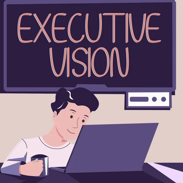 Hand writing sign Executive Vision, Business overview to communicate or reveal one s is thoughts or feelings Man Holding Cup, Looking On Lap Top And Presenting News On Tv Behind.