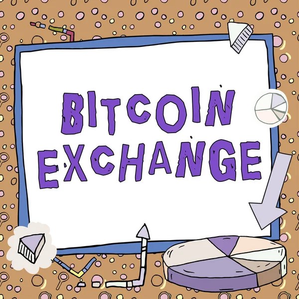 Bitcoin Exchangeを示すテキストサイン ビジネスショーケースは 伝統的な教室のレッスンとオンライン教育を組み合わせていますプレゼンテーションボードで発表された新しいアイデアチャートや矢印周辺 — ストック写真