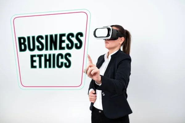 Writing displaying text Business Ethics, Business concept process of improving some measure of an enterprise s is success Woman Wearing Vr Glasses And Pointing On Important Message With One Finger.