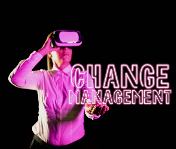 Text showing inspiration Change Management, Word Written on development within a business or similar organization Woman Taking Professional Training Through Virtual Reality Goggles.