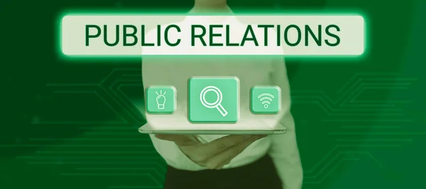 Conceptual caption Public Relations, Business concept state of the relationship between the public and a company
