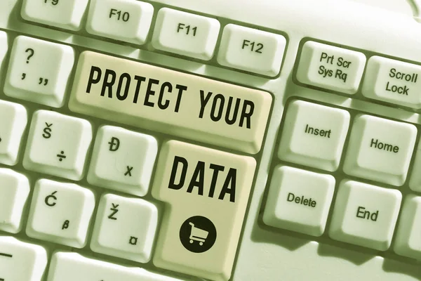 Sign Displaying Protect Your Data Word Írt Kiberbiztonsági Széf Pajzs — Stock Fotó