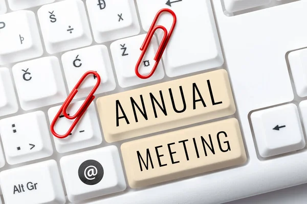 Hand writing sign Annual Meeting, Business idea scheduled annually for the discussion of the business future