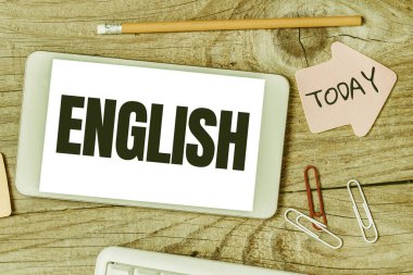 Metin İngilizce, iş konsepti, ülkeler arasında olası tek ortak dil iletişimi gösteren yazılar