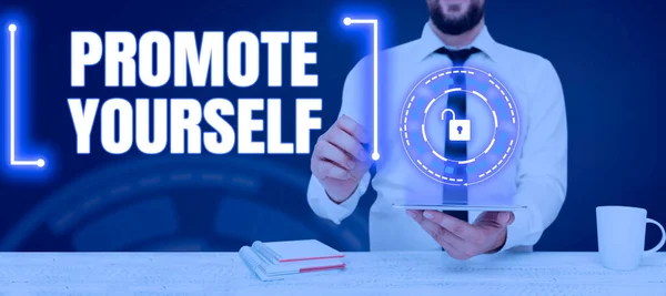 Text Sign Showing Promote Yourself Internet Concept Act Practice Promoting — Stock Photo, Image