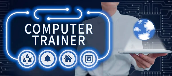 Podpis Tekstowy Prezentujący Computer Trainer Pomysł Biznes Instruować Pomóc Użytkownikom — Zdjęcie stockowe