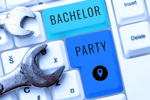 Text caption presenting Bachelor Party, Internet Concept Party given for a man who is about to get married Stag night