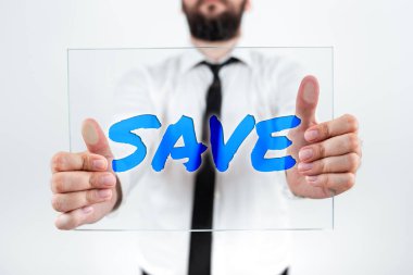 Kurtarma tehlikesinden kurtulmak ya da olası zarar veya kayıplara yardım etmek için yazılmış kavramsal başlık Kaydet, Sözcük