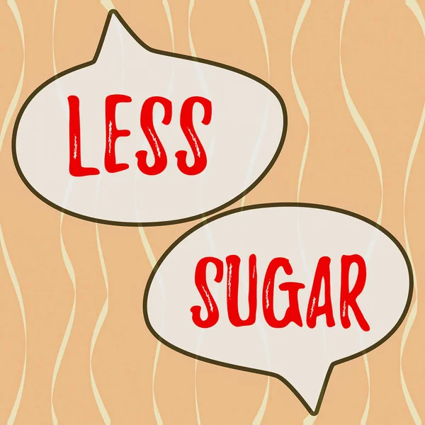 Znak Tekstowy Pokazujący Mniej Cukru Koncepcja Oznacza Mniejszą Objętość Słodyczy — Zdjęcie stockowe