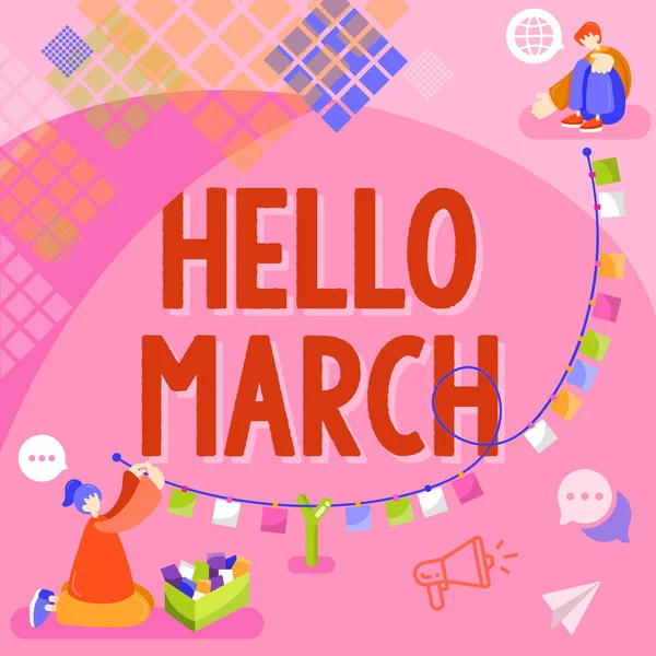 コンセプトキャプションこんにちは3月 インターネットコンセプト3月の月を歓迎する際に使用される挨拶式 — ストック写真