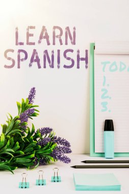 İspanya 'nın ulusal dilini konuşmak ve yazmayı öğrenmek için İspanyolca ve iş dünyası vitrinini gösteren bir tabela