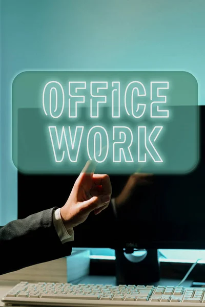 オフィスワークを示すテキスト記号 オフィス環境で主に発生する作業に書かれた言葉 — ストック写真