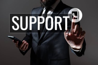 Desteği temsil eden metin başlığı, bir şeyin ağırlığını taşıyan ya da onu dik tutan kavramsal fotoğraf şeysi