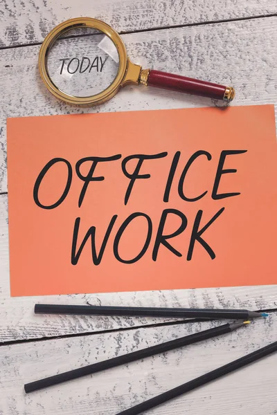 Segno Scrittura Mano Office Work Business Overview Lavoro Che Avviene — Foto Stock