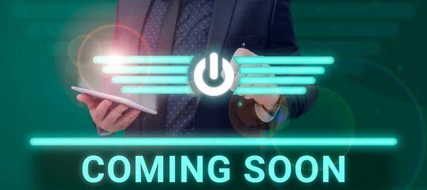 Text Sign Showing Coming Soon Internet Concept Event Bound Happen — Stock Photo, Image