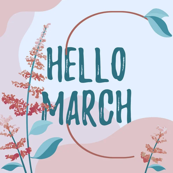 こんにちは3月 3月の月を歓迎するときに使用される挨拶式に書かれた言葉を表示する記号 — ストック写真