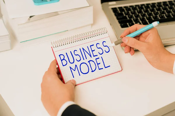 記号ビジネスモデルを示すインスピレーション より多くの利益を生み出すために会社がどのように動作するかを示すモデルに書かれた言葉 — ストック写真