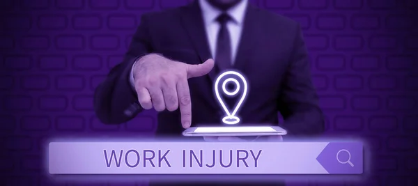 Writing displaying text Work Injury, Word Written on an accident occurred as a result of labor resulting to an damage