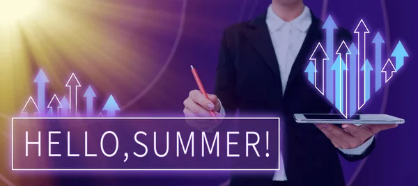 Hand Writing Sign Hello Summer Word Greeting Used Hot Season — Φωτογραφία Αρχείου