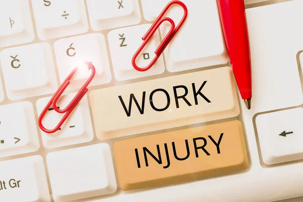 Text caption presenting Work Injury, Business approach an accident occurred as a result of labor resulting to an damage