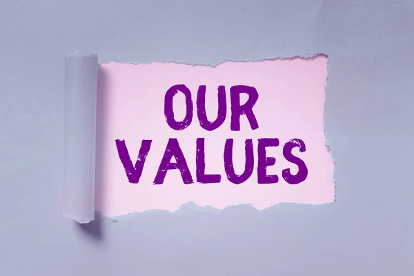 Sinal Texto Mostrando Nossos Valores Lista Vitrine Negócios Empresas Moral — Fotografia de Stock