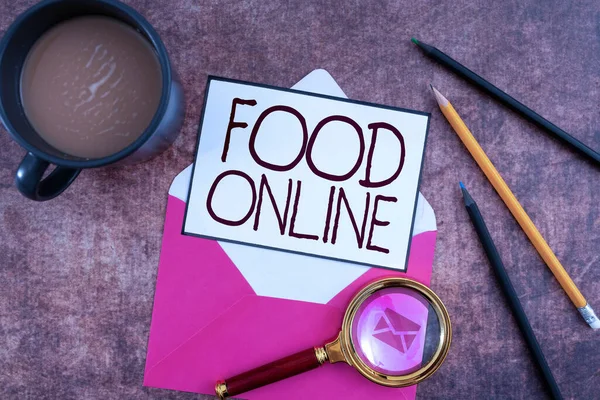 手写体标志在线食品 商务概念种类繁多的食品设置在一个由商店直接提供的网站上 — 图库照片