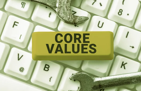 Text caption presenting Core Values, Word Written on principles which guide and determine what is wrong and right