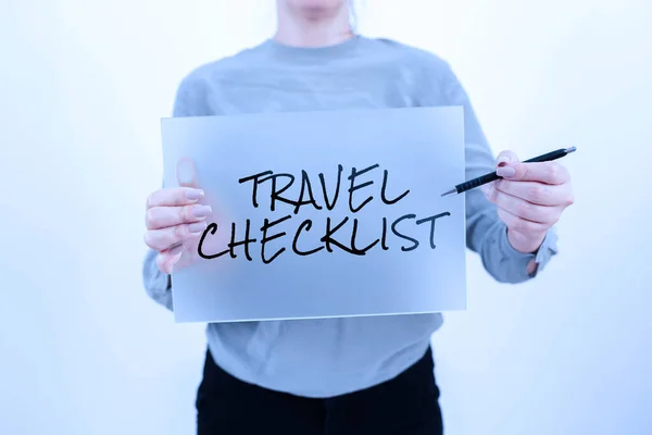 旅行チェックリストを示すテキスト記号 ビジネスは 計画された旅行のためにチェックまたは実行されるもののリストを表示します — ストック写真